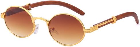 Junsika Retro Oval Sunglasses for Men Women Classic Vintage Imitation Wood Small Round Black Sunglasses in Kuwait