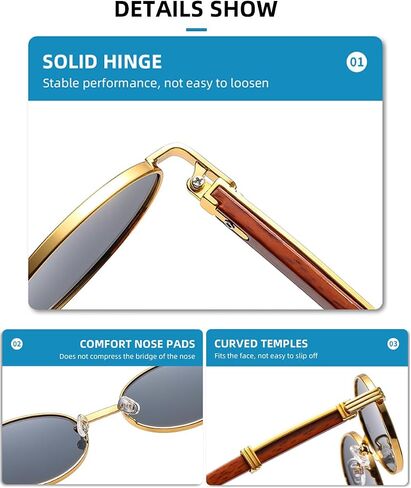 Junsika Retro Oval Sunglasses for Men Women Classic Vintage Imitation Wood Small Round Black Sunglasses in Kuwait
