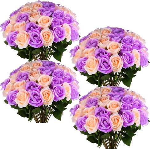 50 Pcs Artificial Purple Roses and Champagne Roses 2 Mixed Colors Faux Silk Rose with Long Stem Realistic Roses Fake Flowers Bouquet for Vase, Wedding Centerpiece, Valentines, Mothers, Home Decor in Kuwait