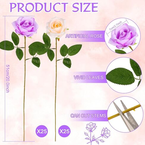 50 Pcs Artificial Purple Roses and Champagne Roses 2 Mixed Colors Faux Silk Rose with Long Stem Realistic Roses Fake Flowers Bouquet for Vase, Wedding Centerpiece, Valentines, Mothers, Home Decor in Kuwait
