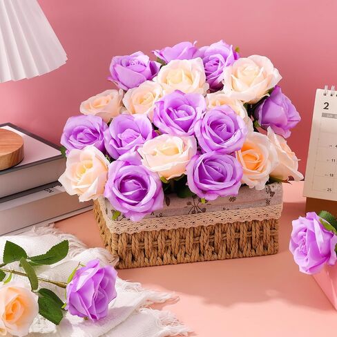 50 Pcs Artificial Purple Roses and Champagne Roses 2 Mixed Colors Faux Silk Rose with Long Stem Realistic Roses Fake Flowers Bouquet for Vase, Wedding Centerpiece, Valentines, Mothers, Home Decor in Kuwait