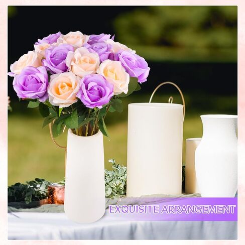 50 Pcs Artificial Purple Roses and Champagne Roses 2 Mixed Colors Faux Silk Rose with Long Stem Realistic Roses Fake Flowers Bouquet for Vase, Wedding Centerpiece, Valentines, Mothers, Home Decor in Kuwait