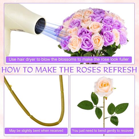 50 Pcs Artificial Purple Roses and Champagne Roses 2 Mixed Colors Faux Silk Rose with Long Stem Realistic Roses Fake Flowers Bouquet for Vase, Wedding Centerpiece, Valentines, Mothers, Home Decor in Kuwait