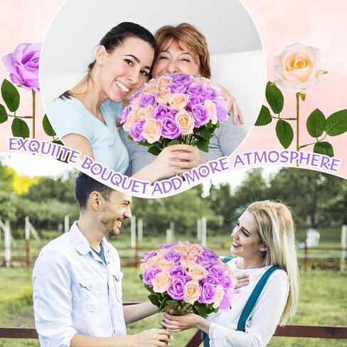 50 Pcs Artificial Purple Roses and Champagne Roses 2 Mixed Colors Faux Silk Rose with Long Stem Realistic Roses Fake Flowers Bouquet for Vase, Wedding Centerpiece, Valentines, Mothers, Home Decor in Kuwait