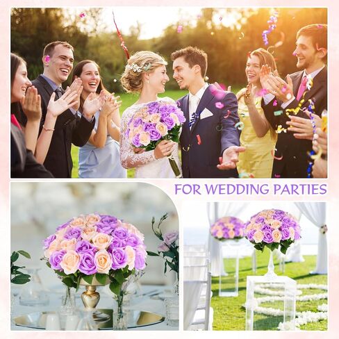50 Pcs Artificial Purple Roses and Champagne Roses 2 Mixed Colors Faux Silk Rose with Long Stem Realistic Roses Fake Flowers Bouquet for Vase, Wedding Centerpiece, Valentines, Mothers, Home Decor in Kuwait