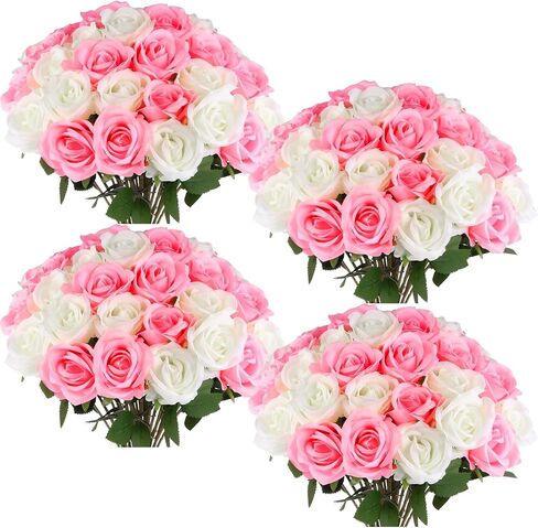 50 Pcs Artificial Purple Roses and Champagne Roses 2 Mixed Colors Faux Silk Rose with Long Stem Realistic Roses Fake Flowers Bouquet for Vase, Wedding Centerpiece, Valentines, Mothers, Home Decor in Kuwait