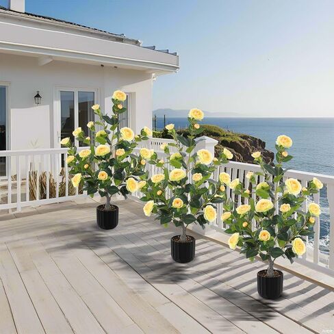 Hananona 2 قطعة أشجار الكاميليا الاصطناعية نبات الكاميليا الصناعي في وعاء مع زهور ونباتات داخلية لديكور المنزل الربيعي وديكور الباب الأمامي للشرفة الخارجية (أحمر، M) in Kuwait