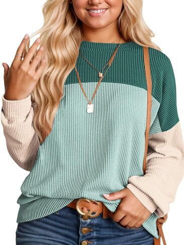 DOLNINE قمصان علوية بمقاسات كبيرة للنساء خريف كم طويل قمصان غير رسمية كتلة الألوان Crewneck بلوزات كبيرة الحجم مضلع متماسكة تونك in Saudi Arabia