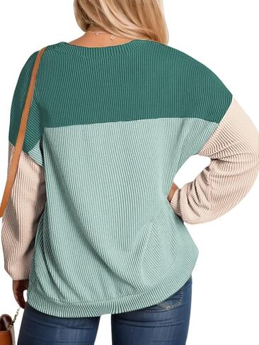 DOLNINE قمصان علوية بمقاسات كبيرة للنساء خريف كم طويل قمصان غير رسمية كتلة الألوان Crewneck بلوزات كبيرة الحجم مضلع متماسكة تونك in Saudi Arabia