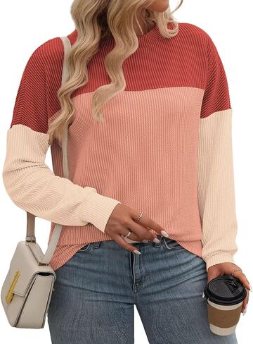 DOLNINE Plus-Size-Tops-for-Women Fall Casual Long Sleeve Shirts Oversized Color Block Crewneck Sweatshirts Ribbed Knit Tunic in Saudi Arabia