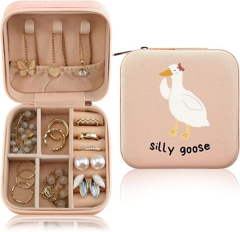 Cute Silly Goose Small Jewelry Box PU Leather Travel Jewelry Case Storage Organizers Gifts for Women Girls Teens in Saudi Arabia