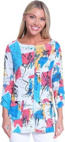 Ali Miles Women's Printed Knit Tunic Three Quarters Sleeves with Two Front Patch Pockets with Button Details in Kuwait