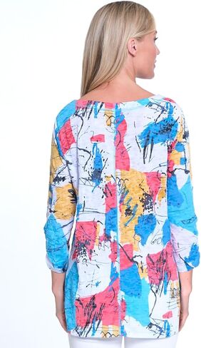 Ali Miles Women's Printed Knit Tunic Three Quarters Sleeves with Two Front Patch Pockets with Button Details in Kuwait
