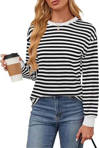 قمصان تونيك نسائية بأكمام طويلة وقمصان مخططة وفتحة رقبة مستديرة in Kuwait