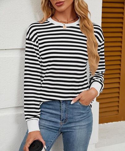 قمصان تونيك نسائية بأكمام طويلة وقمصان مخططة وفتحة رقبة مستديرة in Kuwait