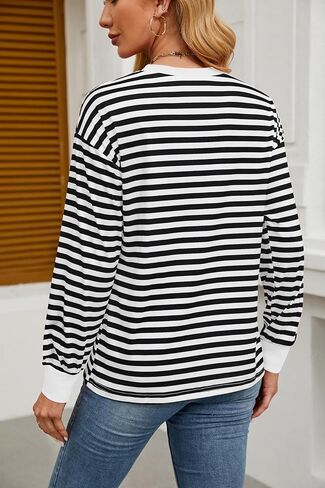 قمصان تونيك نسائية بأكمام طويلة وقمصان مخططة وفتحة رقبة مستديرة in Kuwait