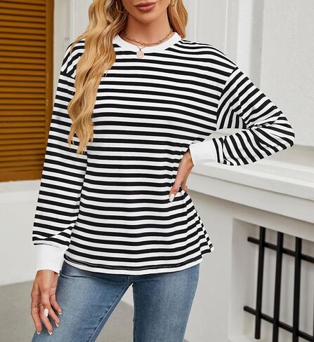 قمصان تونيك نسائية بأكمام طويلة وقمصان مخططة وفتحة رقبة مستديرة in Kuwait