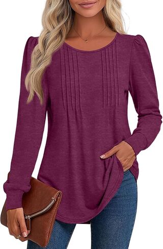 Riyiper Women's Tunic Tops, Pleated Crew Neck Long Sleeve Shirts Causal Puff Dressy Blouses Loose Fit Fall Winter Knit Tops in Saudi Arabia