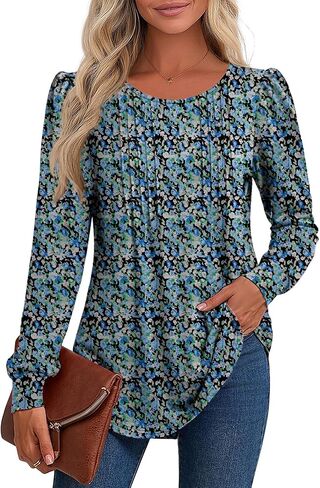 Riyiper Women's Tunic Tops, Pleated Crew Neck Long Sleeve Shirts Causal Puff Dressy Blouses Loose Fit Fall Winter Knit Tops in Saudi Arabia