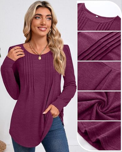 Riyiper Women's Tunic Tops, Pleated Crew Neck Long Sleeve Shirts Causal Puff Dressy Blouses Loose Fit Fall Winter Knit Tops in Saudi Arabia