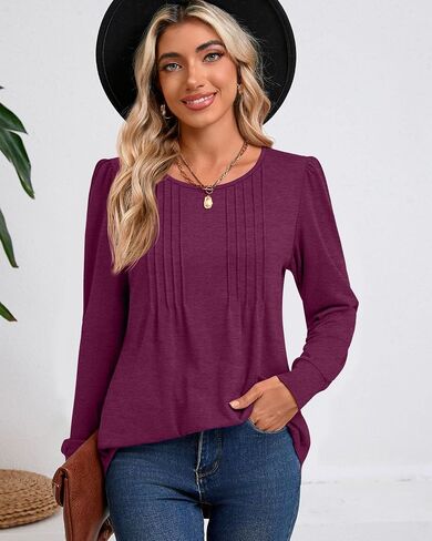 Riyiper Women's Tunic Tops, Pleated Crew Neck Long Sleeve Shirts Causal Puff Dressy Blouses Loose Fit Fall Winter Knit Tops in Saudi Arabia