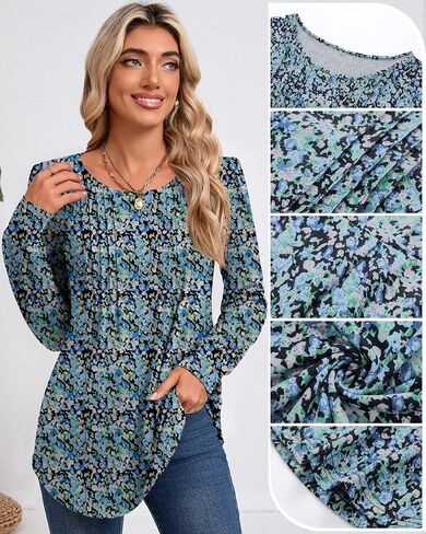 Riyiper Women's Tunic Tops, Pleated Crew Neck Long Sleeve Shirts Causal Puff Dressy Blouses Loose Fit Fall Winter Knit Tops in Saudi Arabia