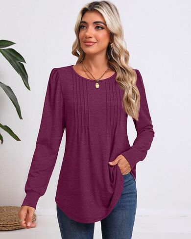 Riyiper Women's Tunic Tops, Pleated Crew Neck Long Sleeve Shirts Causal Puff Dressy Blouses Loose Fit Fall Winter Knit Tops in Saudi Arabia