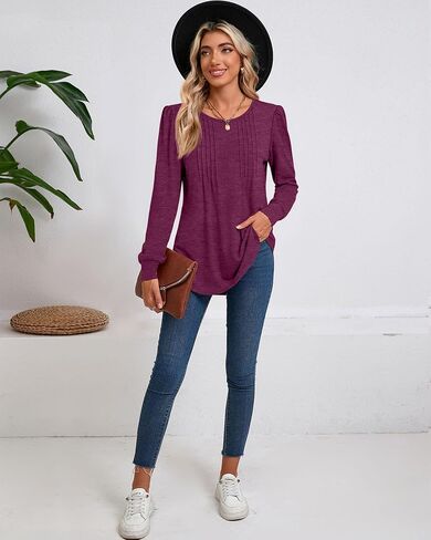 Riyiper Women's Tunic Tops, Pleated Crew Neck Long Sleeve Shirts Causal Puff Dressy Blouses Loose Fit Fall Winter Knit Tops in Saudi Arabia