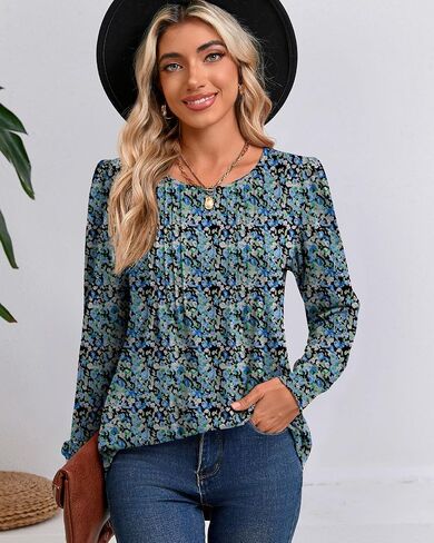 Riyiper Women's Tunic Tops, Pleated Crew Neck Long Sleeve Shirts Causal Puff Dressy Blouses Loose Fit Fall Winter Knit Tops in Saudi Arabia