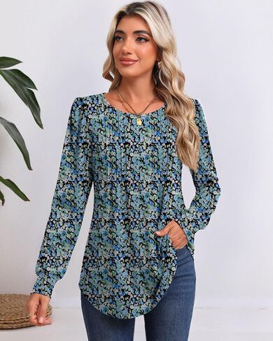 Riyiper Women's Tunic Tops, Pleated Crew Neck Long Sleeve Shirts Causal Puff Dressy Blouses Loose Fit Fall Winter Knit Tops in Saudi Arabia