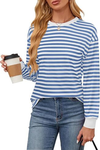 Womens Tunic Tops Long Sleeve Striped Shirts Crewneck Tops in Saudi Arabia