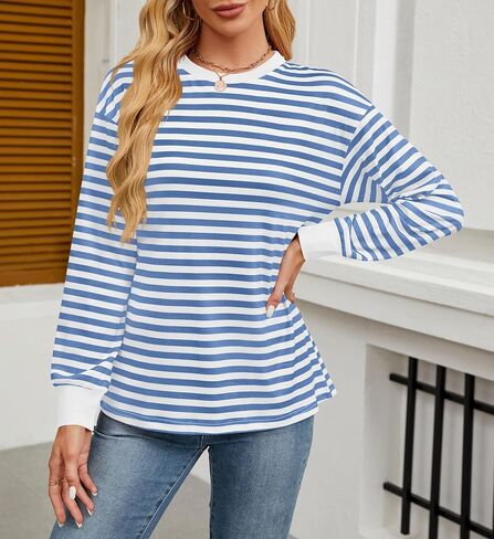 Womens Tunic Tops Long Sleeve Striped Shirts Crewneck Tops in Saudi Arabia