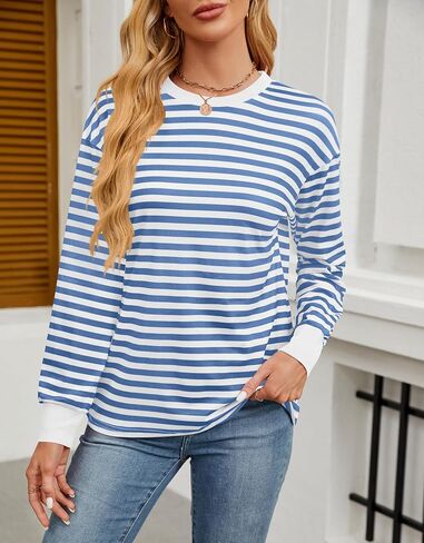 Womens Tunic Tops Long Sleeve Striped Shirts Crewneck Tops in Saudi Arabia