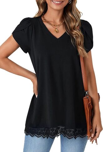 LYANER Women's Casual V Neck Lace Hem Short Sleeve Flowy Blouse Tunic T-Shirt Tee Top in Saudi Arabia