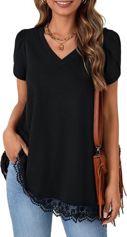 LYANER Women's Casual V Neck Lace Hem Short Sleeve Flowy Blouse Tunic T-Shirt Tee Top in Saudi Arabia