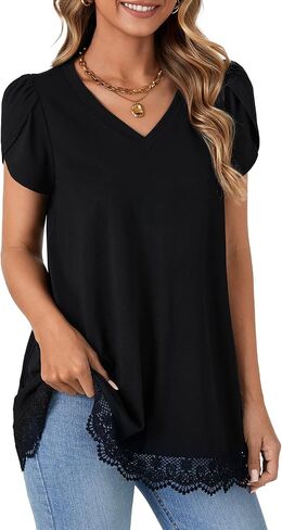 LYANER Women's Casual V Neck Lace Hem Short Sleeve Flowy Blouse Tunic T-Shirt Tee Top in Saudi Arabia