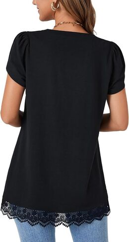 LYANER Women's Casual V Neck Lace Hem Short Sleeve Flowy Blouse Tunic T-Shirt Tee Top in Saudi Arabia