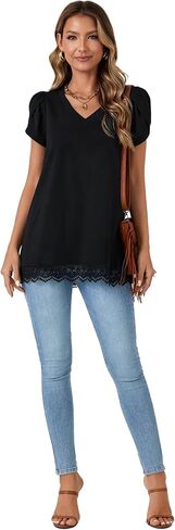 LYANER Women's Casual V Neck Lace Hem Short Sleeve Flowy Blouse Tunic T-Shirt Tee Top in Saudi Arabia