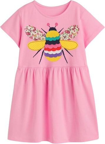 Girls Dresses Toddler Girls Short Sleeve Dress Girl's Casual Duck Rabbit Applique Dress for Kids 3-9Y in Saudi Arabia