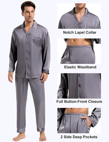 Men's Pajamas Sets Soft Silk Satin Sleepwear for Men Button Down Loungewear with Pockets in Saudi Arabia