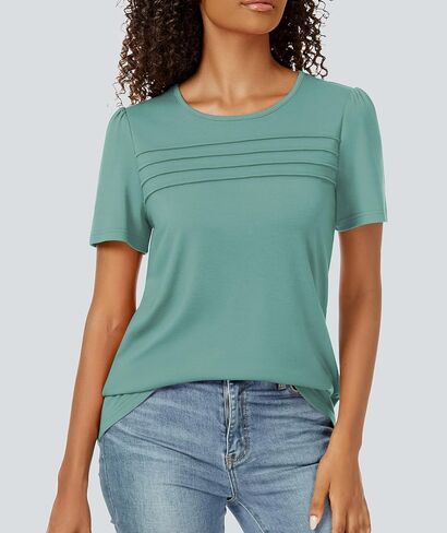 Funlingo Womens Tops Short Sleeve T Shirts 2025 Trendy Dressy Casual Summer Crewneck Spring Blouse Loose Pleated Front in Saudi Arabia