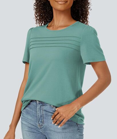 Funlingo Womens Tops Short Sleeve T Shirts 2025 Trendy Dressy Casual Summer Crewneck Spring Blouse Loose Pleated Front in Saudi Arabia
