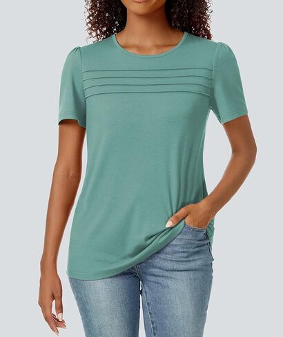 Funlingo Womens Tops Short Sleeve T Shirts 2025 Trendy Dressy Casual Summer Crewneck Spring Blouse Loose Pleated Front in Saudi Arabia
