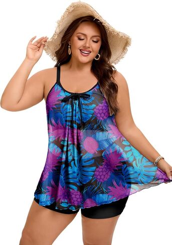 Arolina Women's Plus Size Tankini Swimsuits Mesh See Through Modest Two Piece Bathing Suits Front Tie Flowing Swimwear in Saudi Arabia