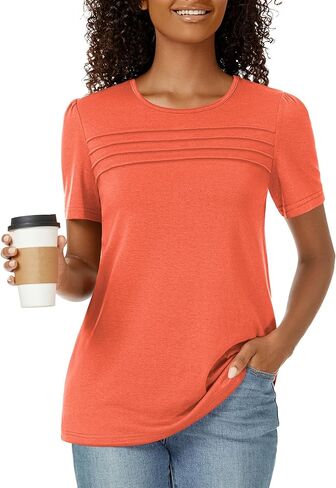 Funlingo Womens Tops Short Sleeve T Shirts 2025 Trendy Dressy Casual Summer Crewneck Spring Blouse Loose Pleated Front in Kuwait