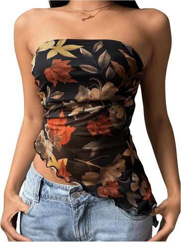 MakeMeChic Women's Cheetah Print Tube Top Y2k Strapless Mesh Leopard Print Tops in Saudi Arabia