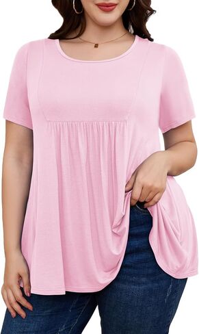 LARACE المرأة قصيرة الأكمام تونك القمم حجم كبير مطوي قمصان الصيف Crewneck بلوزة فضفاضة غير رسمية L-5XL in Kuwait
