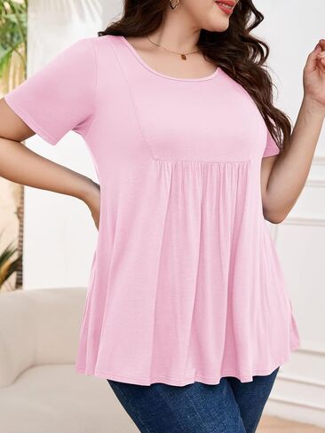 LARACE المرأة قصيرة الأكمام تونك القمم حجم كبير مطوي قمصان الصيف Crewneck بلوزة فضفاضة غير رسمية L-5XL in Kuwait