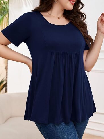 LARACE المرأة قصيرة الأكمام تونك القمم حجم كبير مطوي قمصان الصيف Crewneck بلوزة فضفاضة غير رسمية L-5XL in Kuwait