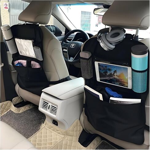 2 PCS Car Backseat Organizer, Heavy Duty Seat Back Storage Bag with Touch Screen Tablet Holder, Waterproof Kick Mats Back Seat Protector for Kids Toddlers, Car Accessories (Zipper) in Kuwait